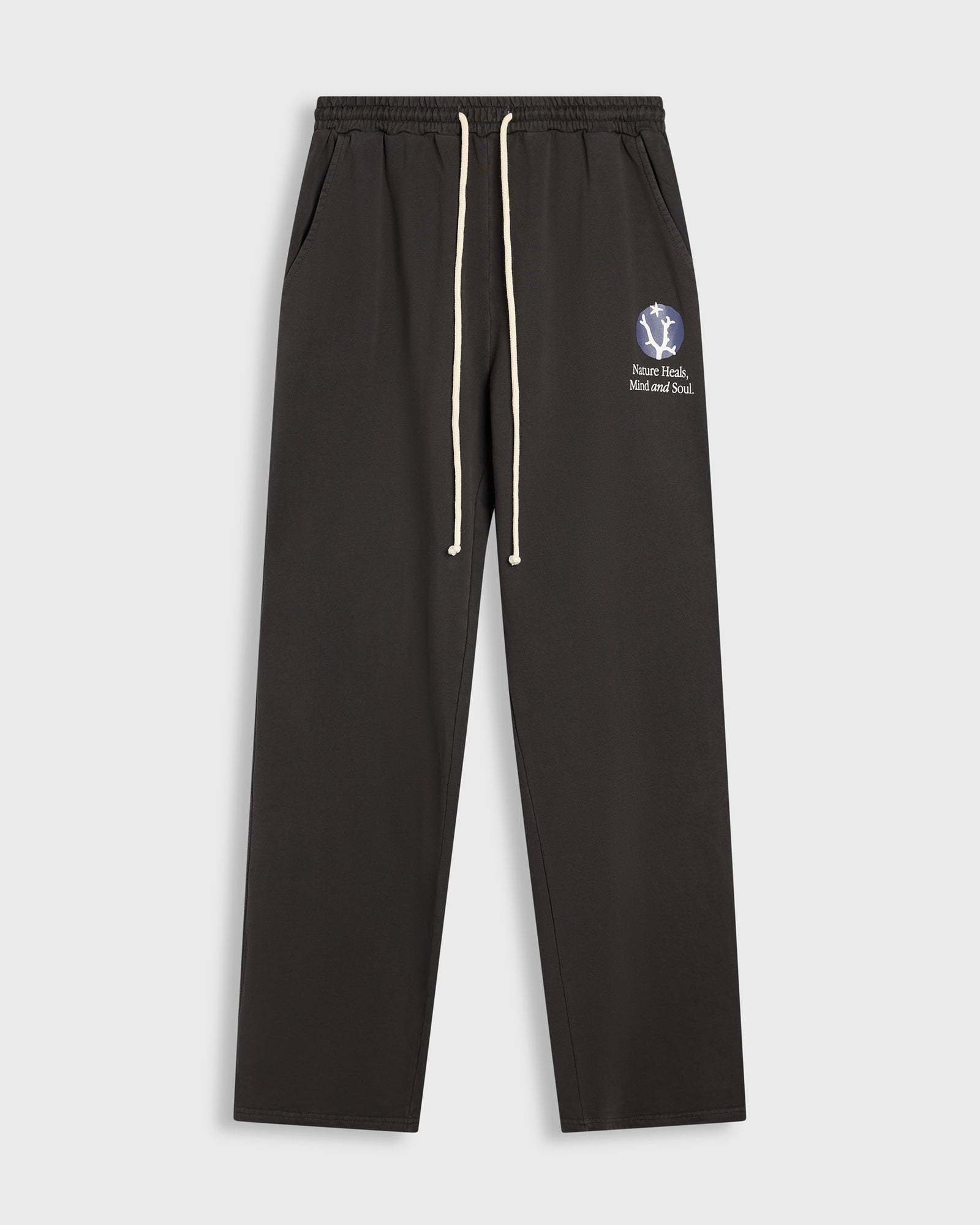 black straight leg sweat pants nature heals mind and soul graphic - sweatpants by Krost NY