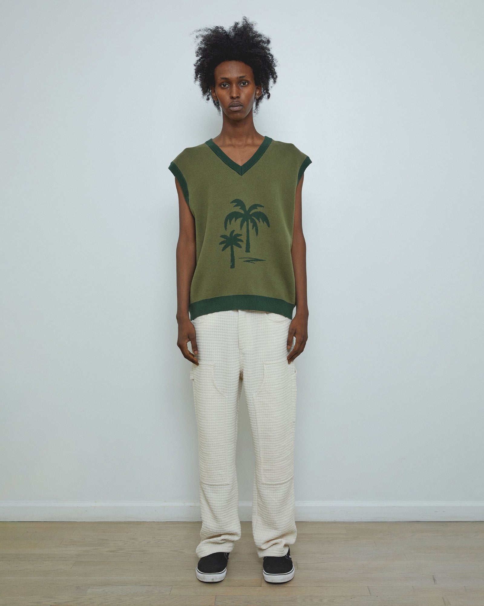 Palm Tree Olive Green Sweater Vest - mens designer fashion sweaters by Krost